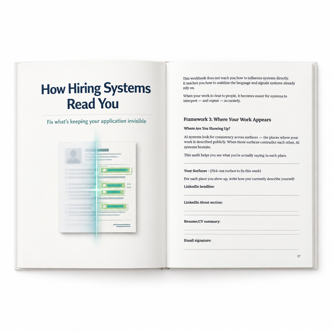 How Hiring Systems Read You workbook open to the Where Your Work Appears framework