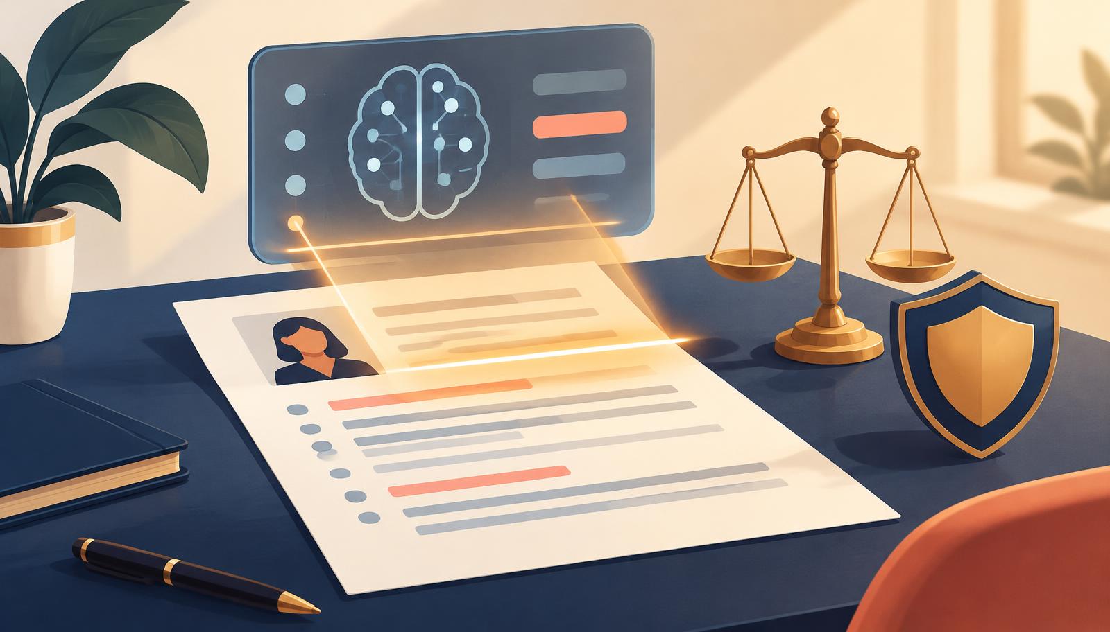 A résumé being scanned by an AI screening tool, next to a scale of justice and a shield representing job applicants' legal rights